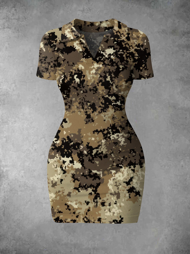 Women's Vintage Camouflage Print Ribbed Bodycon Mini Dress