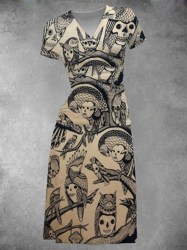 Women's Vintage Skull Birds Tattoo Print Midi Dress