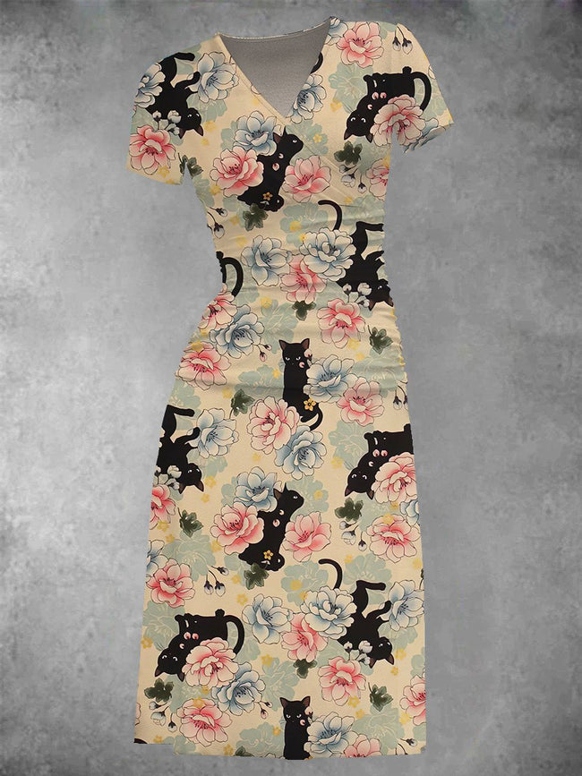 Women's Asia Flower Cat Print Midi Dress