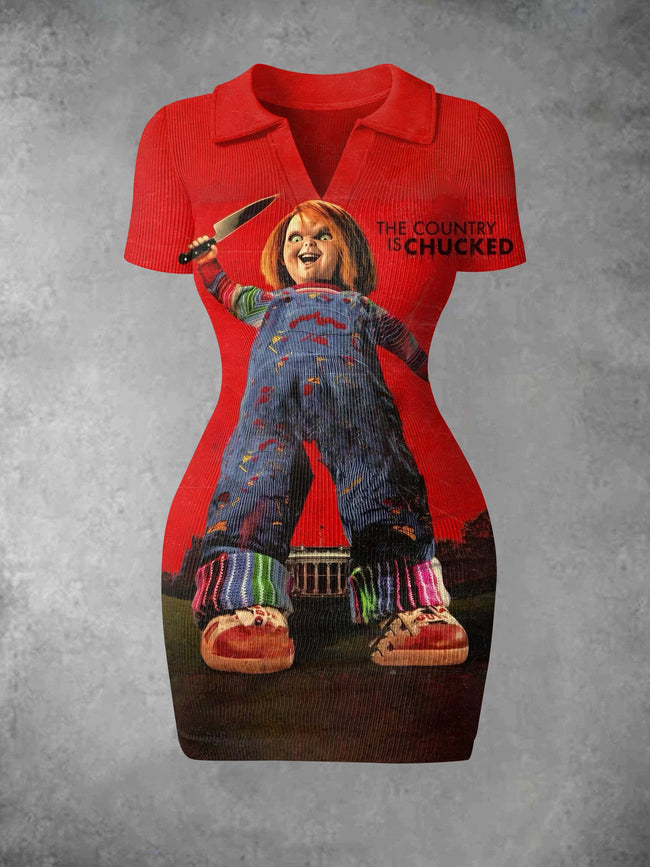 Women's Vintage Horror Movie Chucky Halloween Print Ribbed Bodycon Mini Dress