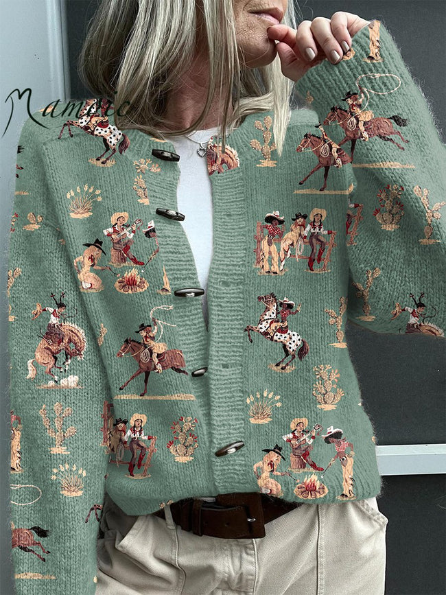 Vintage Western Cowgirl Print Buttoned Cardigan Sweater