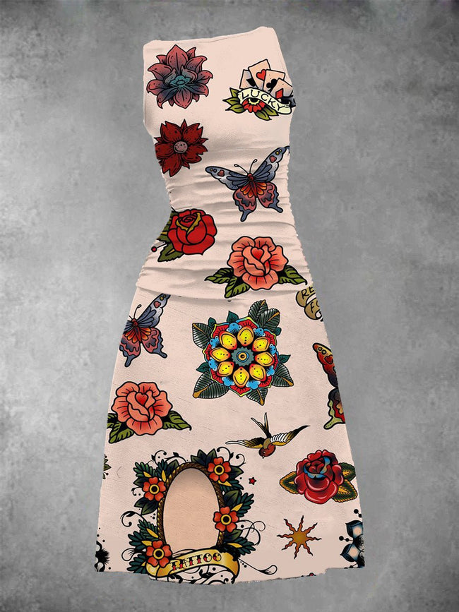Women's Vintage Rose Tattoo Print Maxi Dress