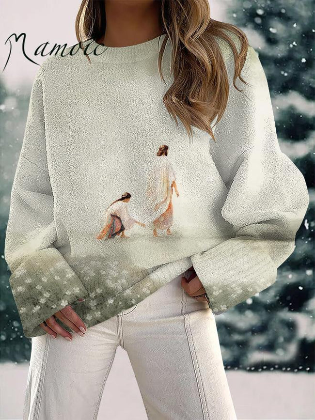 Women's Jesus Print Fuzzy Knit Casual Pullover Sweaters