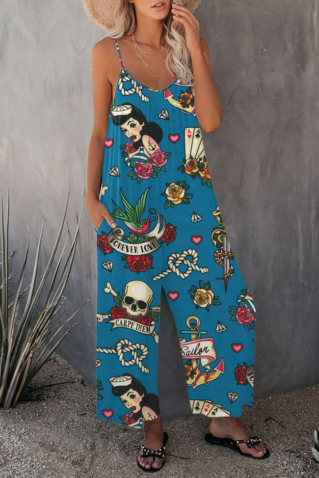 Vintage Pin-up Girl Tattoo Print Wide leg Jumpsuit with Pockets