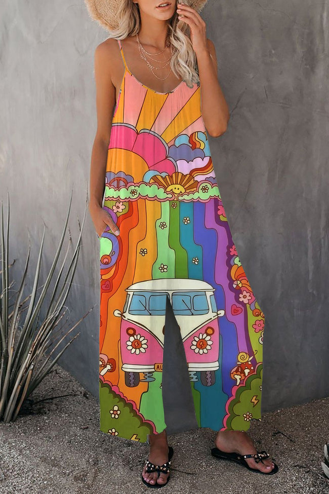 Vintage Colorful Hippie Print Wide leg Jumpsuit with Pockets