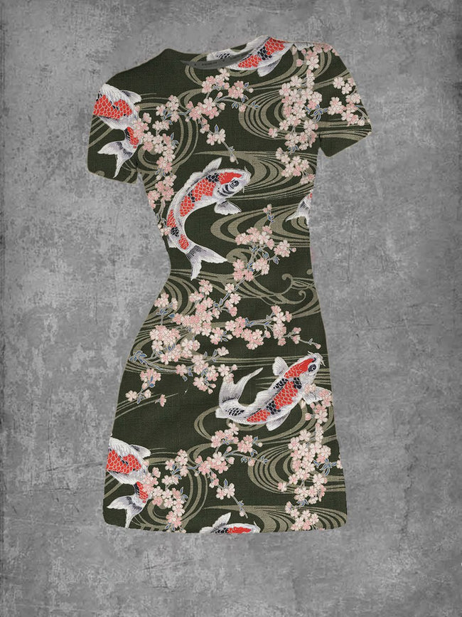 Women's Hokkoh Koi & Cherry Blossom Crew Neck T-Shirt Dress