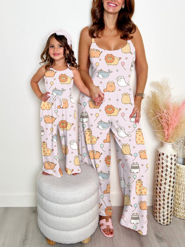 Mommy and Me Jumpsuits Vintage Cute Cartoon Print Wide leg Jumpsuit