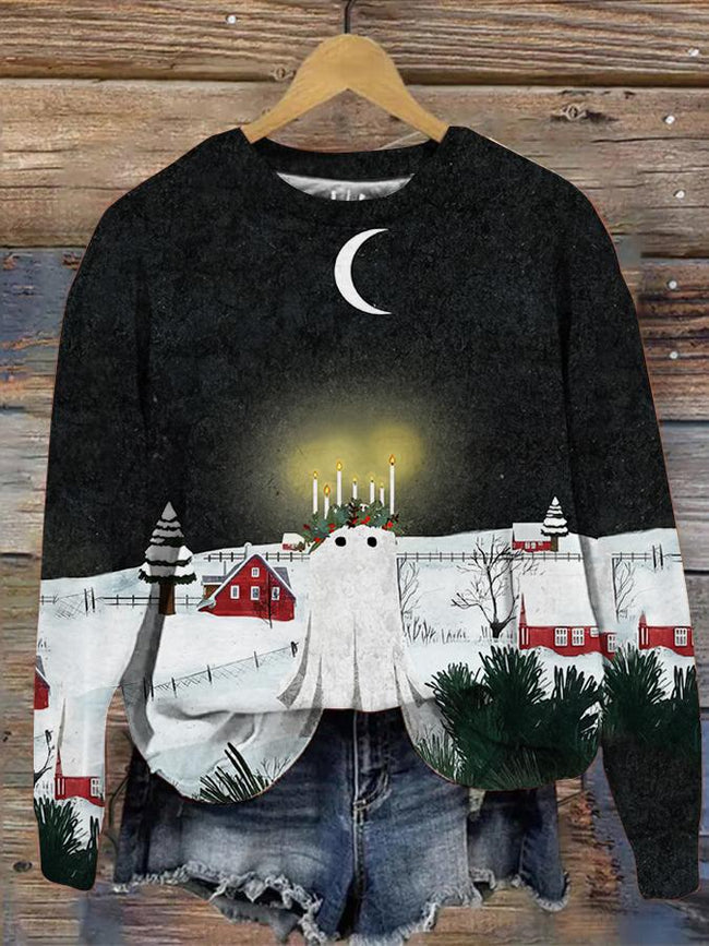 Vintage Christmas Cute Ghost Print Sweatshirt