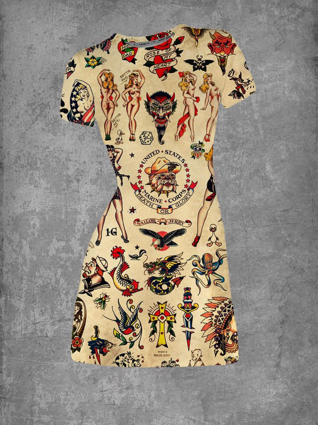 Vintage Sailor Tattoo Print Graphic Crew Neck T-Shirt Dress