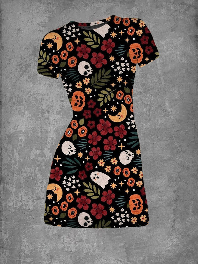 Women's Vintage Halloween Flowers Print Crew Neck T-Shirt Dress