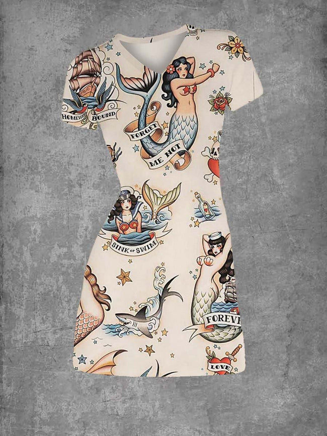 Women's Vintage Mermaid Graphic V Neck T-Shirt Dress