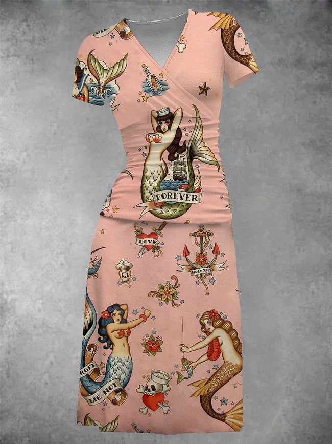 Women's Pink Vintage Mermeid Print Two-Piece Midi Dress Set