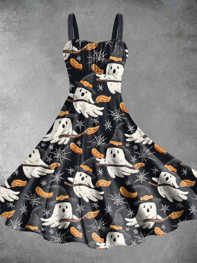 Vintage Broomstick Ghost Halloween Print Backless Dress