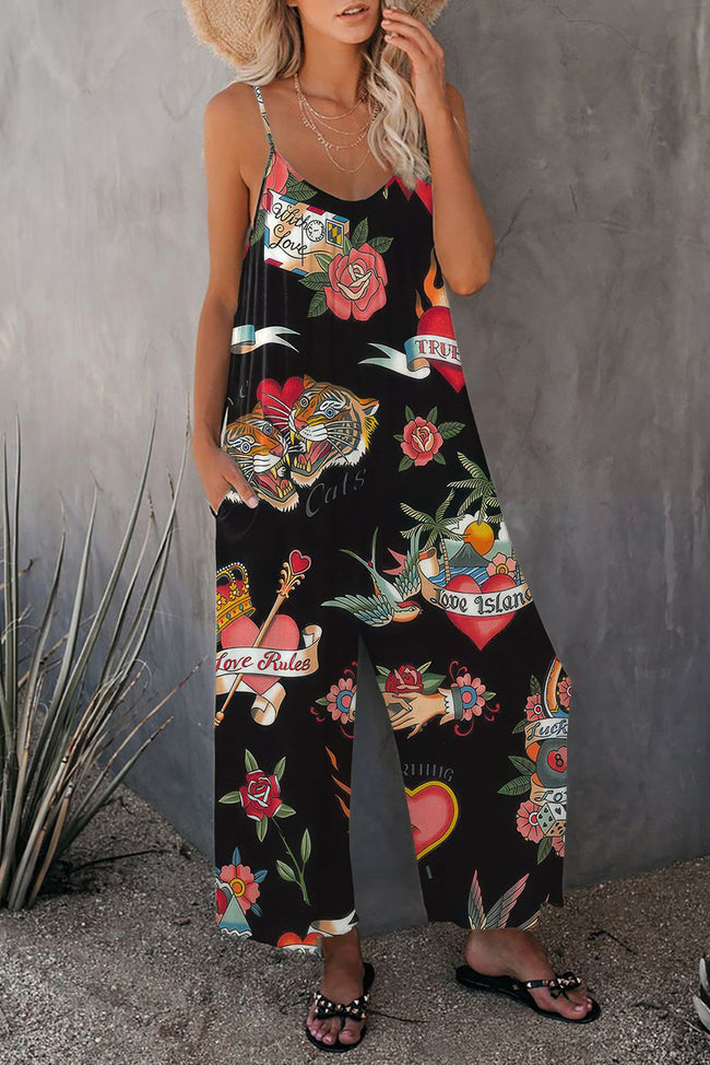 Vintage Old School Tattoo Print Wide leg Jumpsuit with Pockets