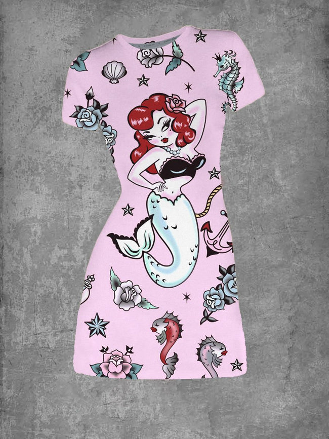 Women's Vintage Mermaid Print Crew Neck T-Shirt Dress