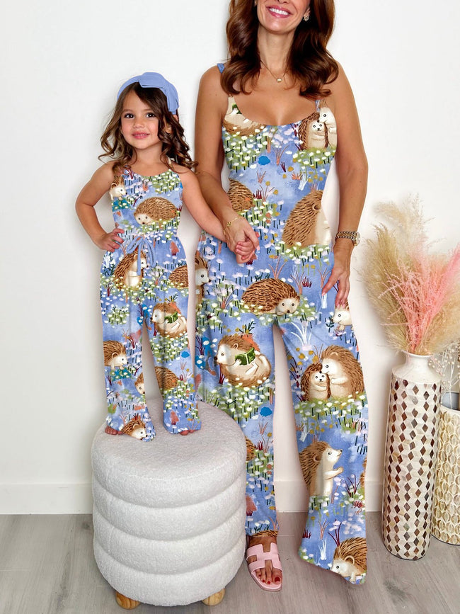 Mommy and Me Jumpsuits Vintage Cute Hedgehog Village Print Wide leg Jumpsuit