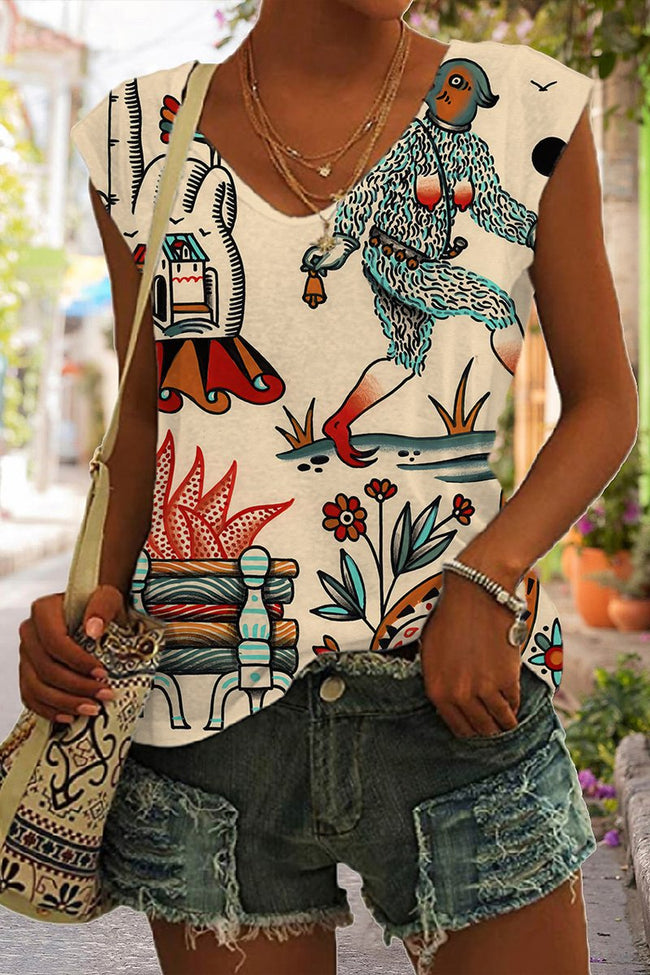 Women's Vintage Art Tattoo Print V Neck Tank Top