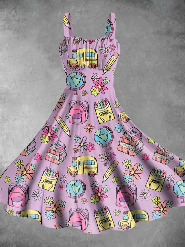 Vintage Cute School Print Backless Dress