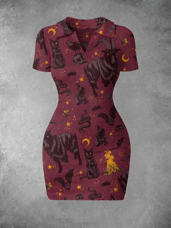 Women's Vintage Halloween Incantation Print Ribbed Bodycon Mini Dress