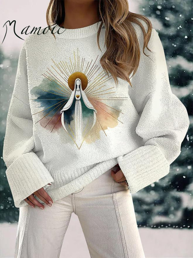 Women's Virgin Mary Print Fuzzy Knit Casual Pullover Sweaters