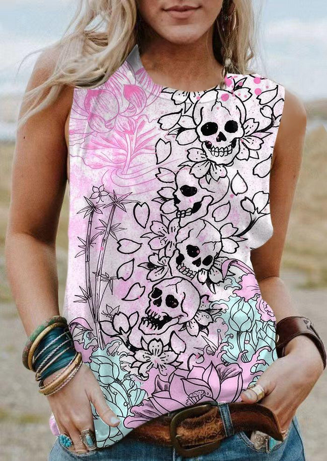 Retro Lotus Flower Skull Print Tank Top