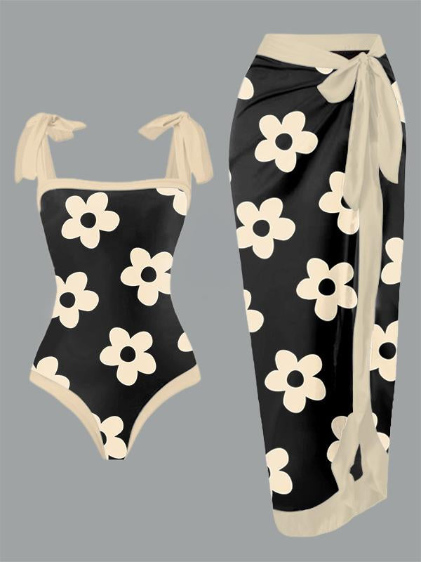Vintage Flower Print One Piece Swimsuit And Cover Up