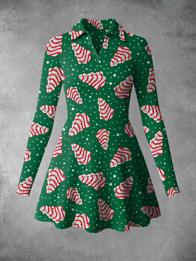 Vintage Christmas Tree Cake Print A-Line Ribbed Zipper Mini Dress