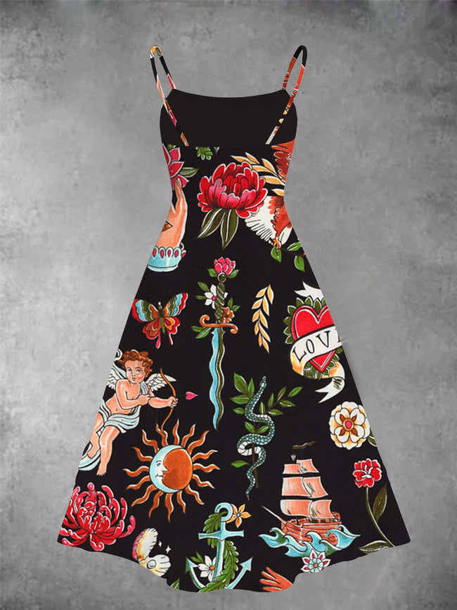 Women's  Vintage American Traditional Tattoo Print Two-Piece Dress