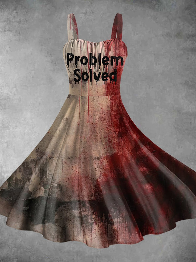 Vintage Bloody Problem Solved Halloween Print Backless Dress