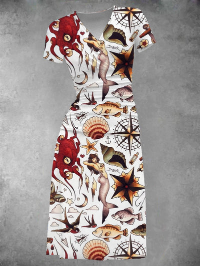 Women's Vintage Mermaid Traditional Nautical Tattoo Midi Dress