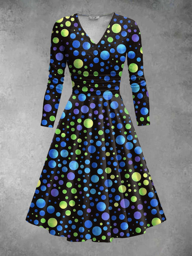 Women's Lime Dot Print Long Sleeve Midi Dress