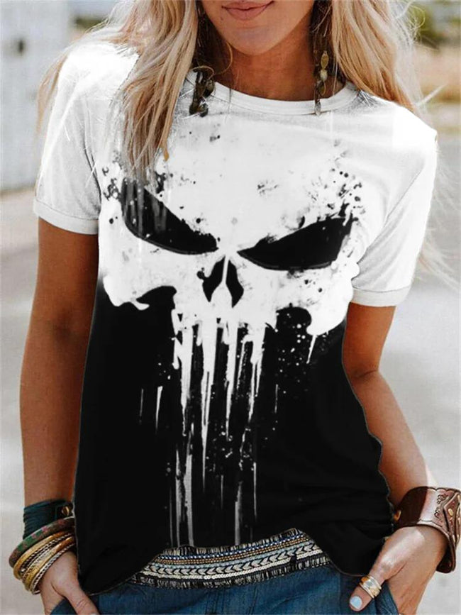 Skull Graffiti Contrast Color Crew Neck T Shirt