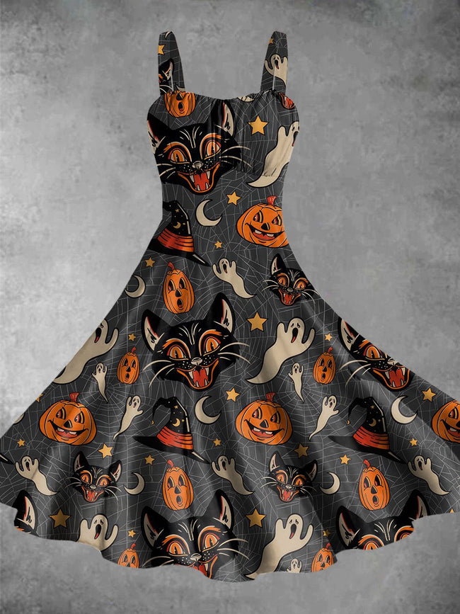 Vintage Halloween Pumpkin Cat Print Backless Dress