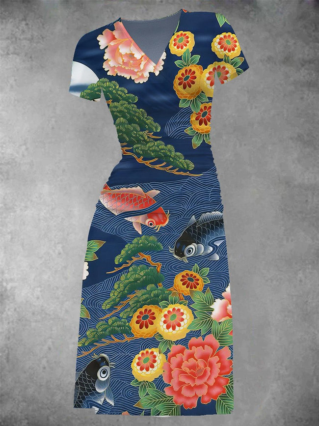 Women's Vintage Koi Fish Graphic Midi Dress