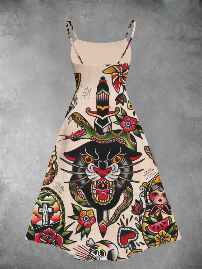 Women's Vintage Tiger Tattoo Printed Two-Piece Dress