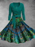 Retro Peacock Feather Print Two-Piece Backless Dress