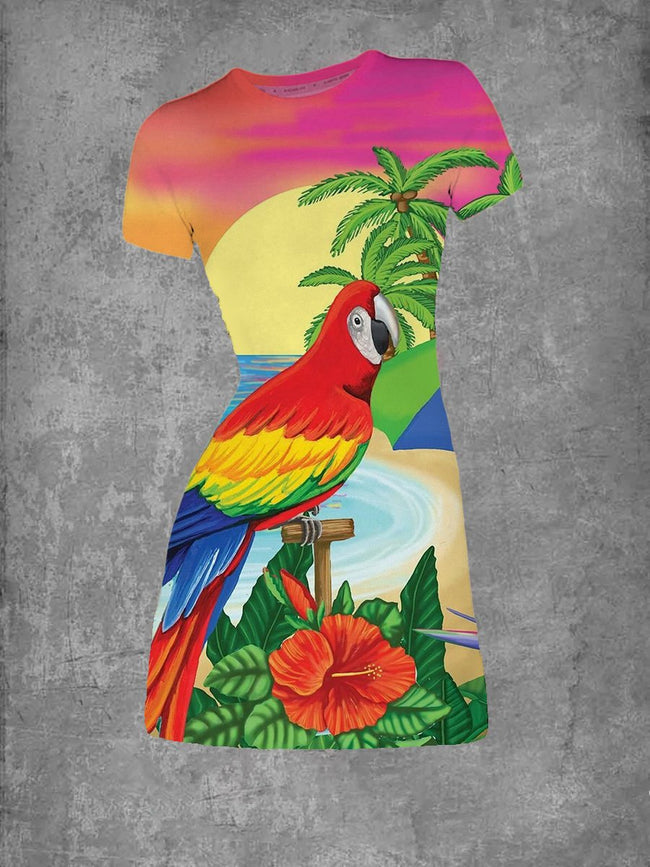 Women's Paradise Parrot Print Crew Neck T-Shirt Dress