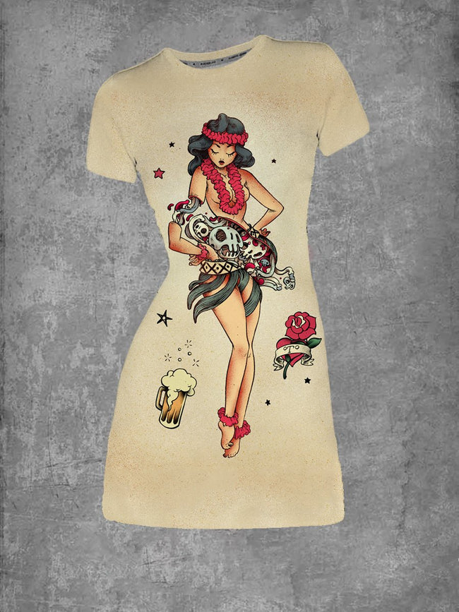 Women's Hula Girl Sailor Jerry Tattoo T-Shirt Dress
