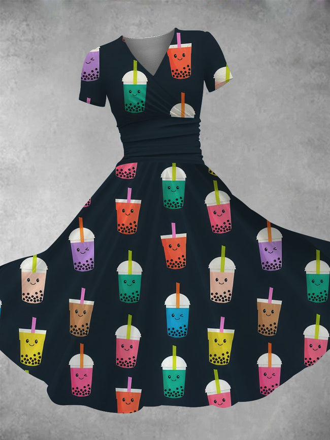 Women's Kawaii Bubble Tea Print Maxi Dress