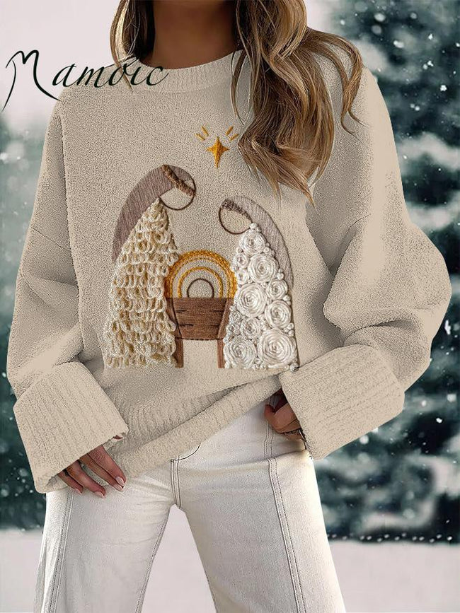 Women's Nativity Scene Print Fuzzy Knit Casual Pullover Sweaters