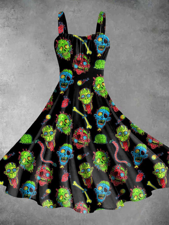 Vintage Halloween Zombie Print Backless Dress