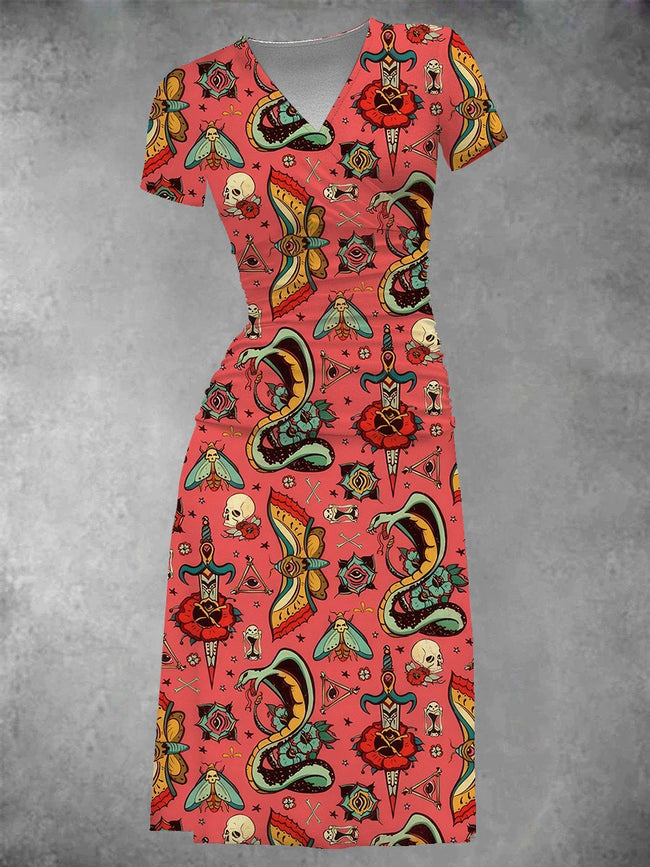Women's Vintage Moth Tattoo Graphic Midi Dress