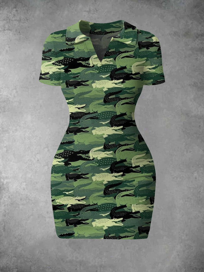 Women's Vintage Camouflage Crocodile Print Ribbed Bodycon Mini Dress