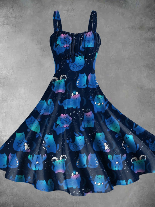 Cute Astrology Cats Print Backless Dress