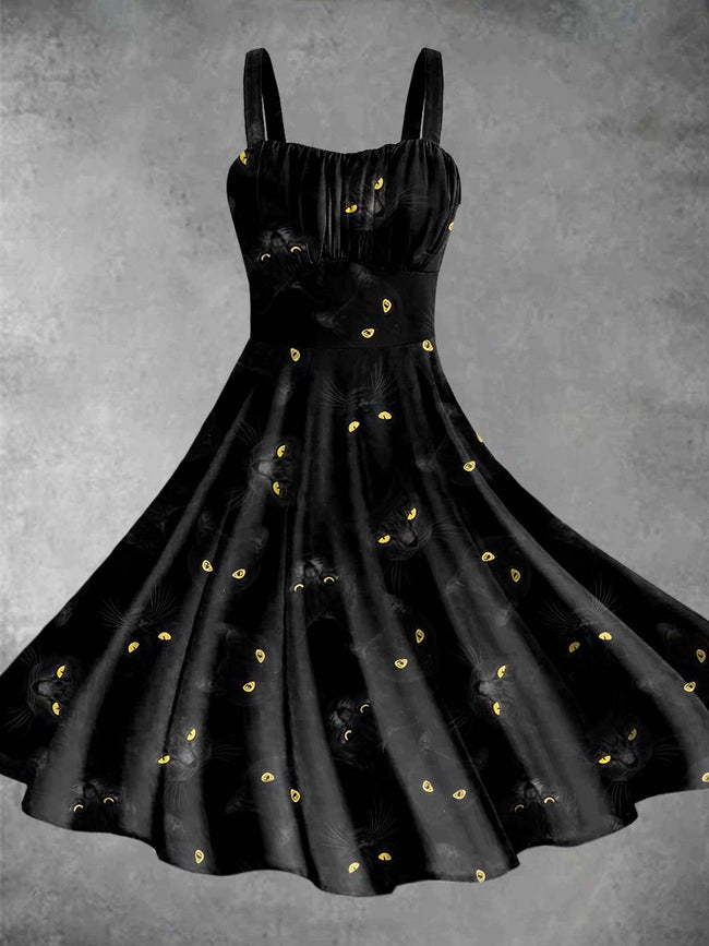 Vintage Black Cat Print Backless Dress