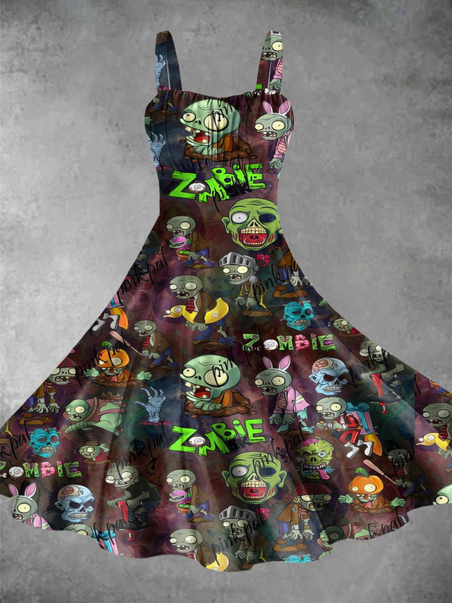 Vintage Zombie Halloween Print Backless Dress