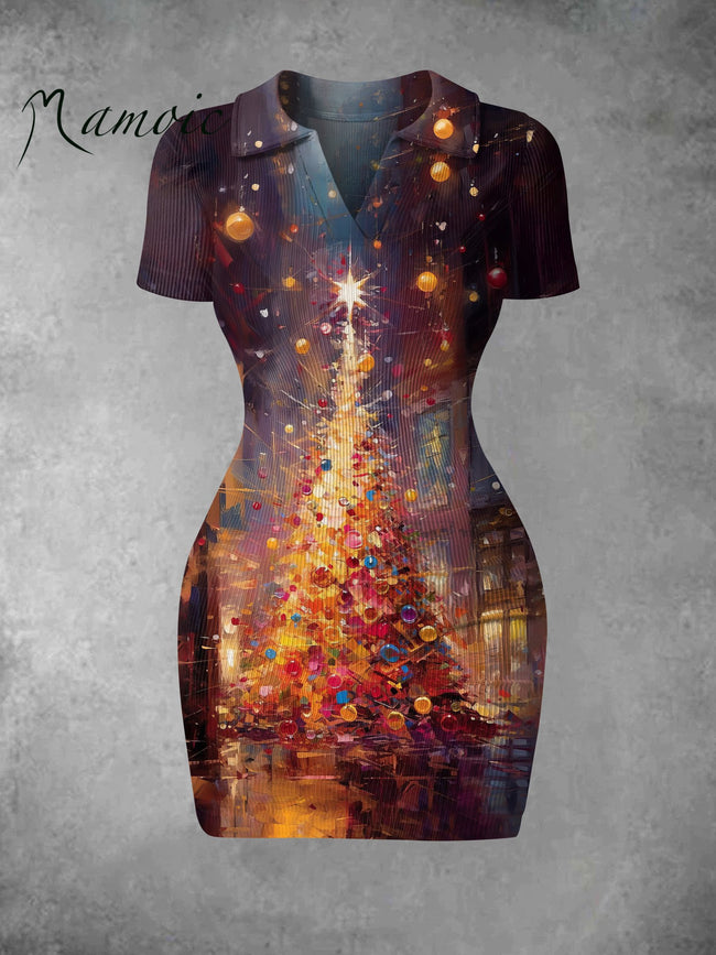 Women's Vintage Art Painting Christmas Tree Print Ribbed Bodycon Mini Dress