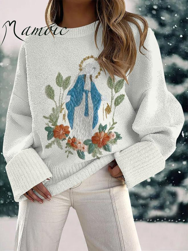 Women's Christian Our Lady Floral Christian  Embroidery Print Fuzzy Knit Casual Pullover Sweaters