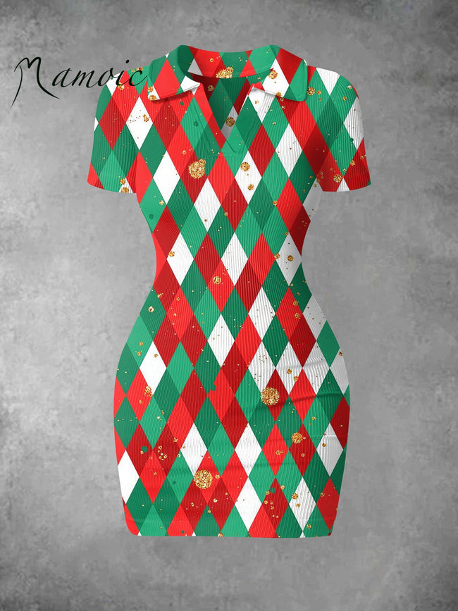 Women's Vintage Christmas Print Ribbed Bodycon Mini Dress