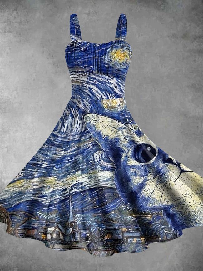 Blue Starry Night Cats Print Backless Dress